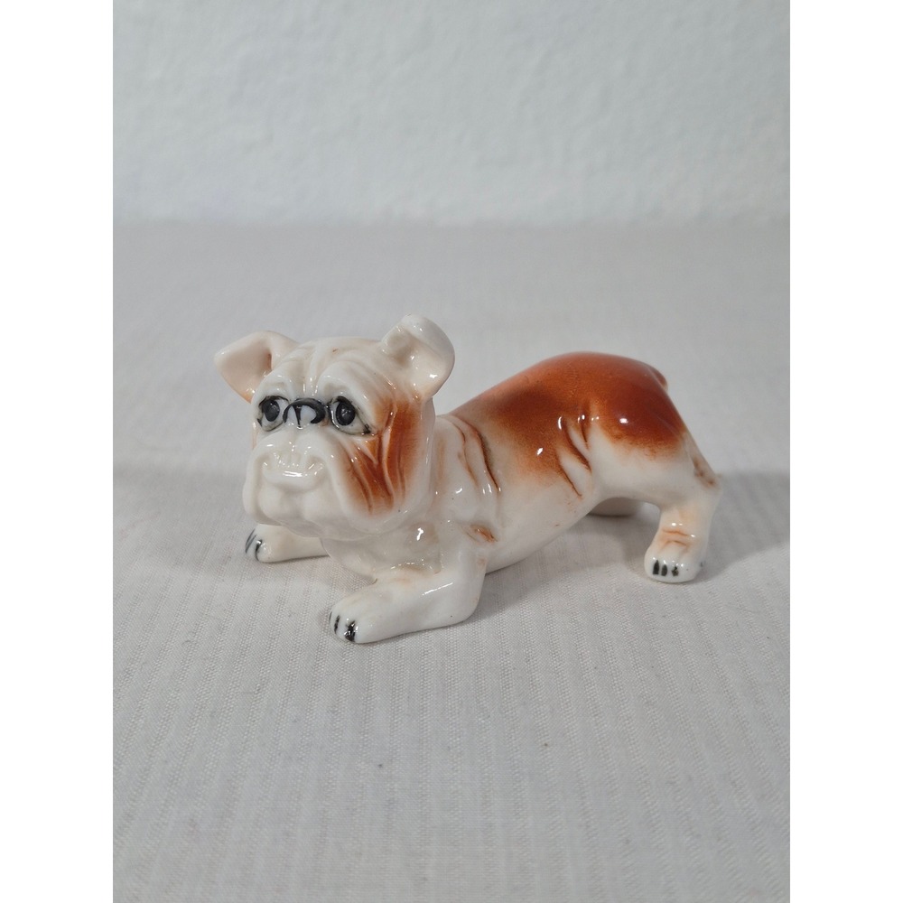 Vintage Miniature Porcelain English Bulldog Figurine Brown White Glazed Dog 2in